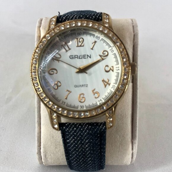 Gruen Quartz Gold Tone Watch With Rhinestones - Picture 1 of 5